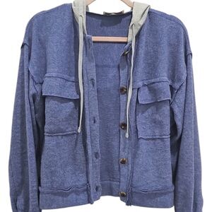 Zenana - Brushed Hacci Hooded Shacket in Blue. Women’s Size Small